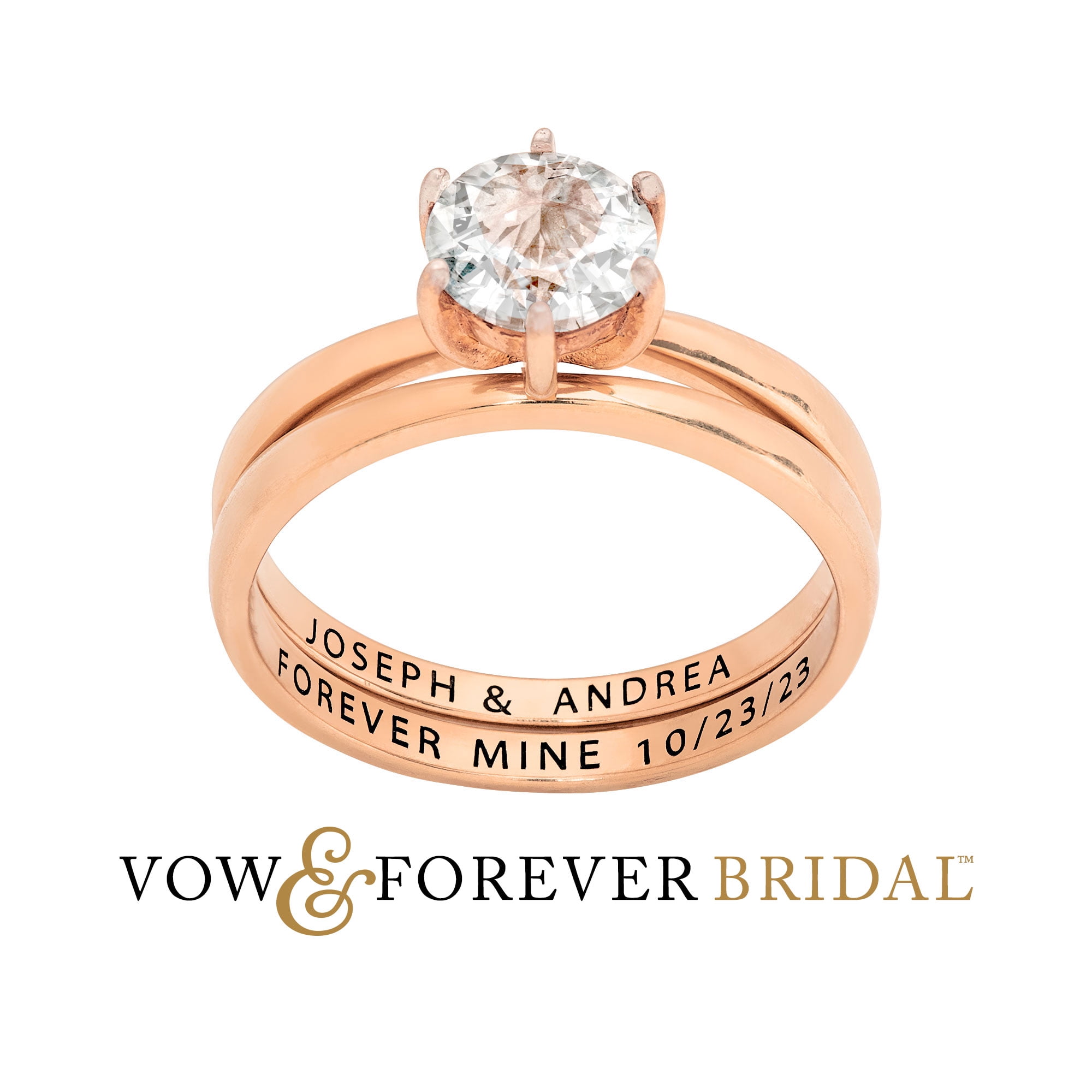 Vow & Forever Personalized Planet Bridal 14K Rose Gold over Sterling Silver Round White Topaz 2-Piece Engraved Wedding Ring Set ,Women's