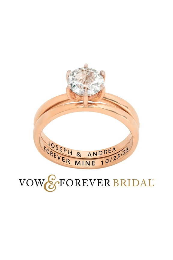 Vow & Forever Personalized Planet Bridal 14K Rose Gold over Sterling Silver Round White Topaz 2-Piece Engraved Wedding Ring Set ,Women's