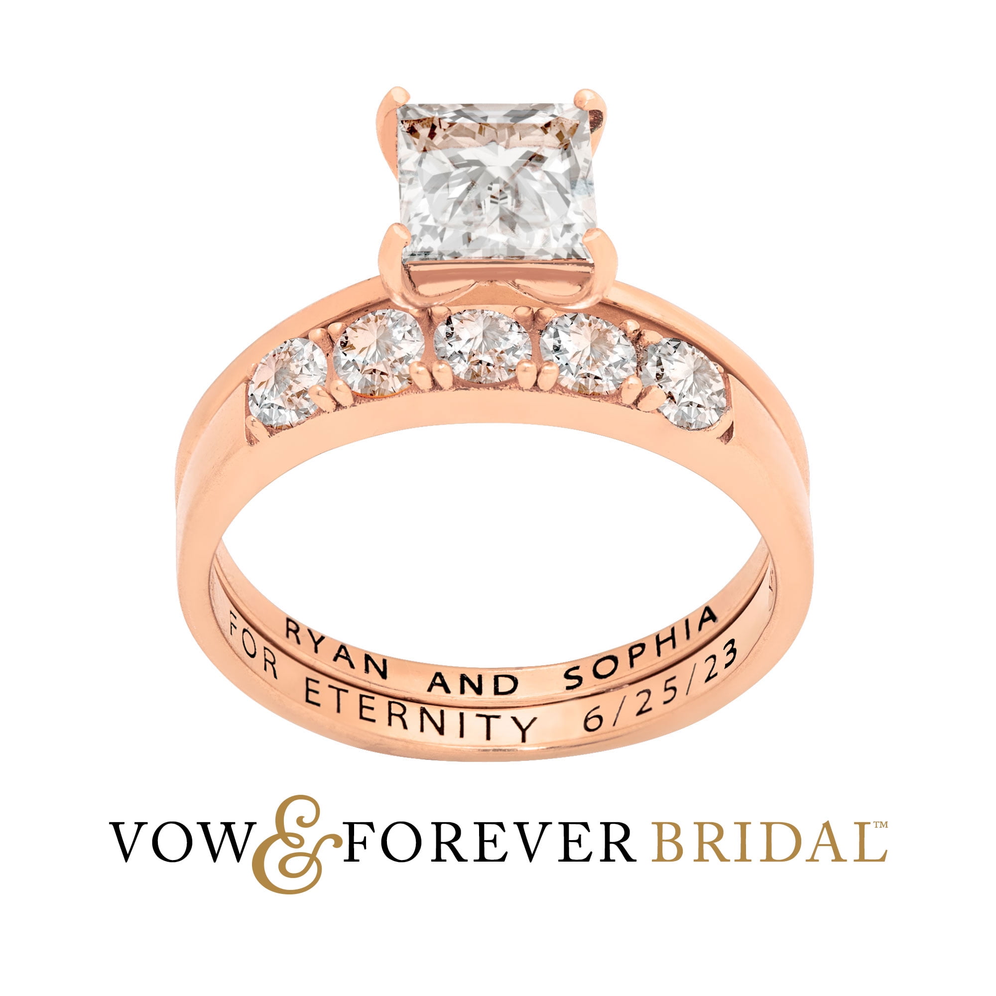 Vow & Forever Personalized Planet Bridal 14K Rose Gold over Sterling Silver Square White Topaz 2-Piece Engraved Wedding Ring Set ,Women's