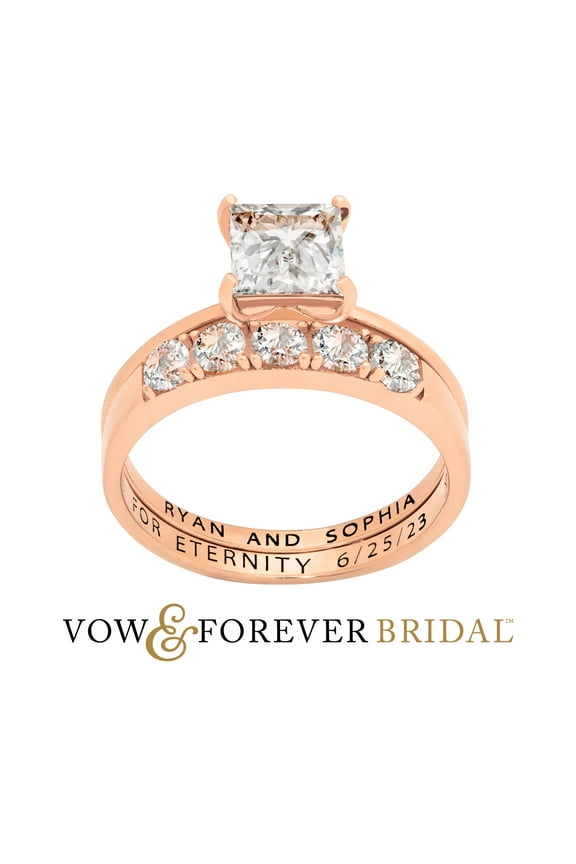 Vow & Forever Personalized Planet Bridal 14K Rose Gold over Sterling Silver Square White Topaz 2-Piece Engraved Wedding Ring Set ,Women's