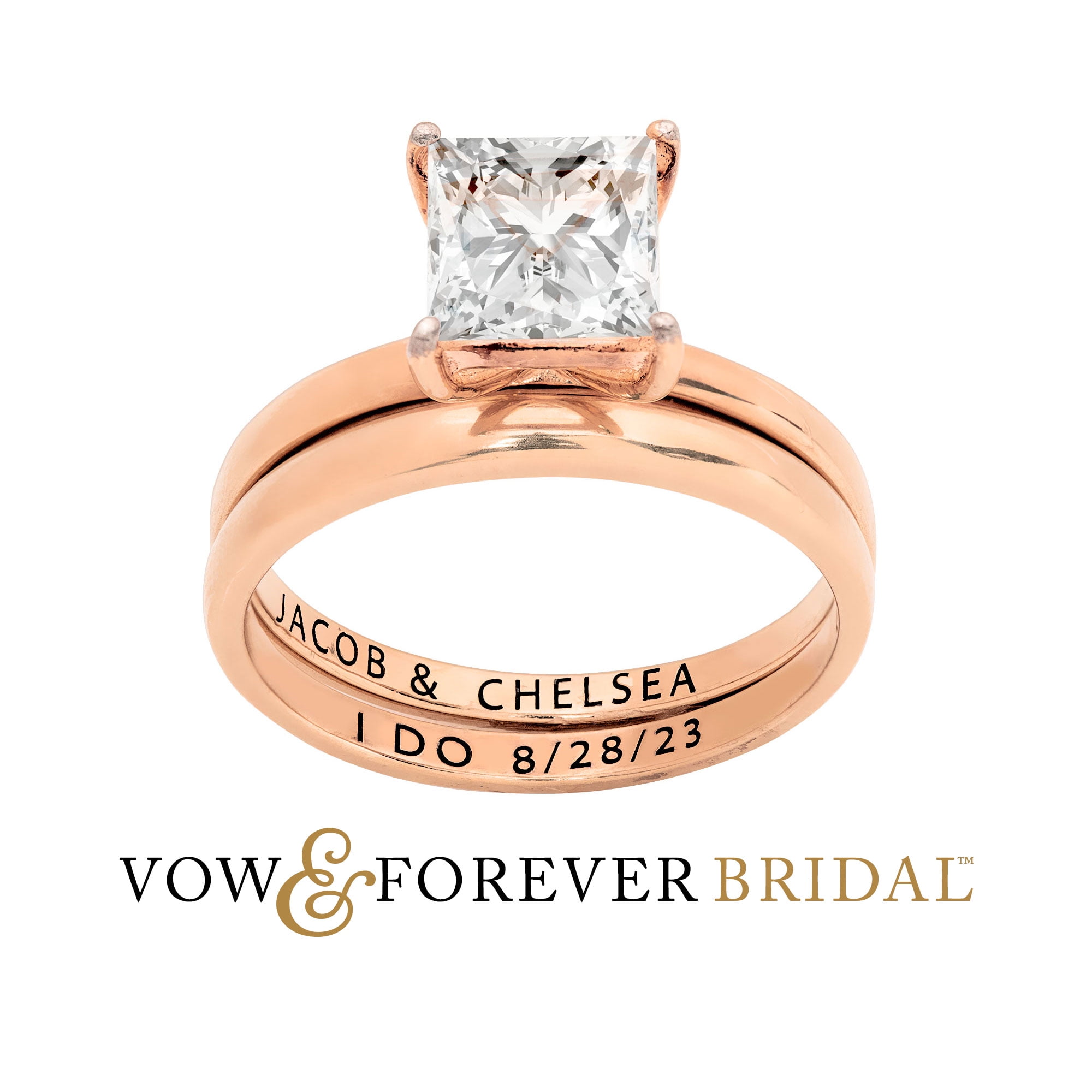 Vow & Forever Personalized Planet Bridal 14K Rose Gold over Sterling Silver Square White Topaz 2-Piece Engraved Wedding Ring Set ,Women's