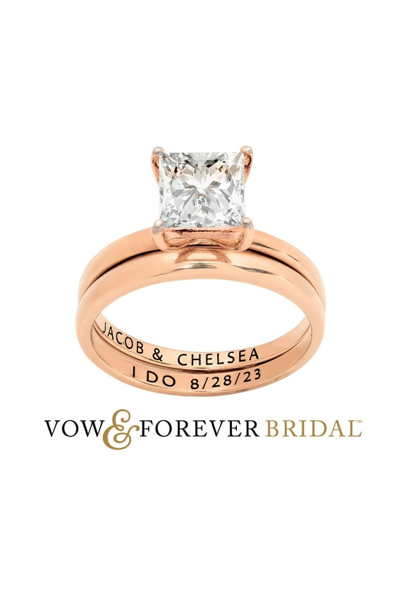 Vow & Forever Personalized Planet Bridal 14K Rose Gold over Sterling Silver Square White Topaz 2-Piece Engraved Wedding Ring Set ,Women's