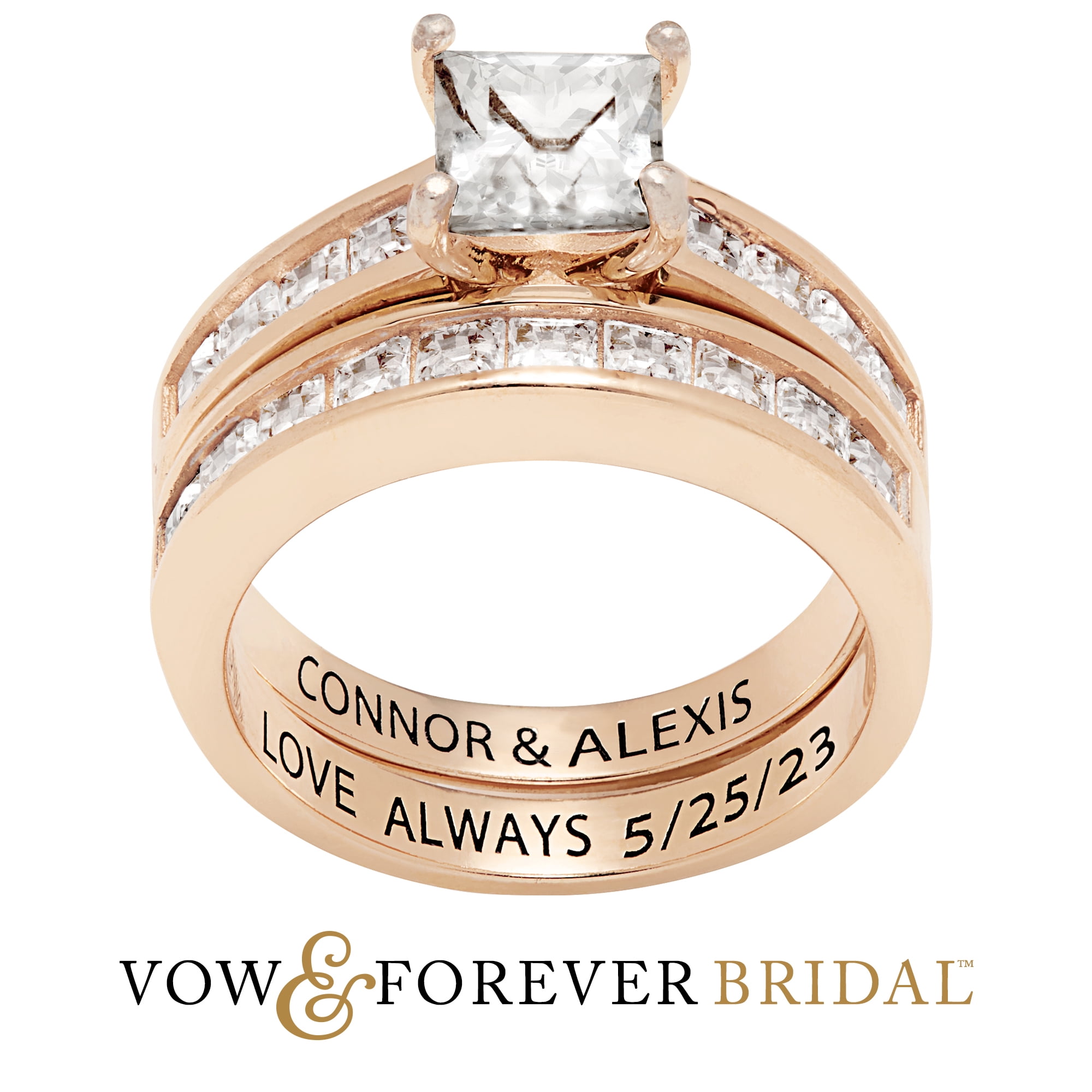 Vow & Forever Personalized Planet Bridal 14K Rose Gold over Sterling Silver Square White Topaz 2 Piece Engraved Wedding Set ,Women's