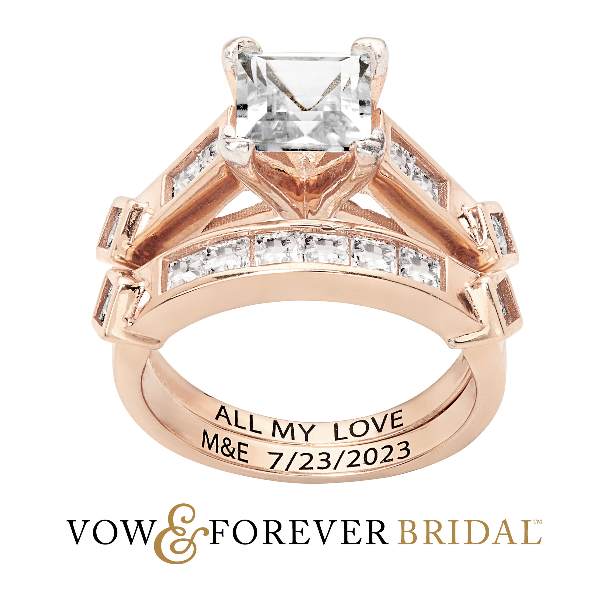 Vow & Forever Personalized Planet Bridal 14K Rose Gold over Sterling Silver Square White Topaz 2 Piece Engraved Wedding Set ,Women's