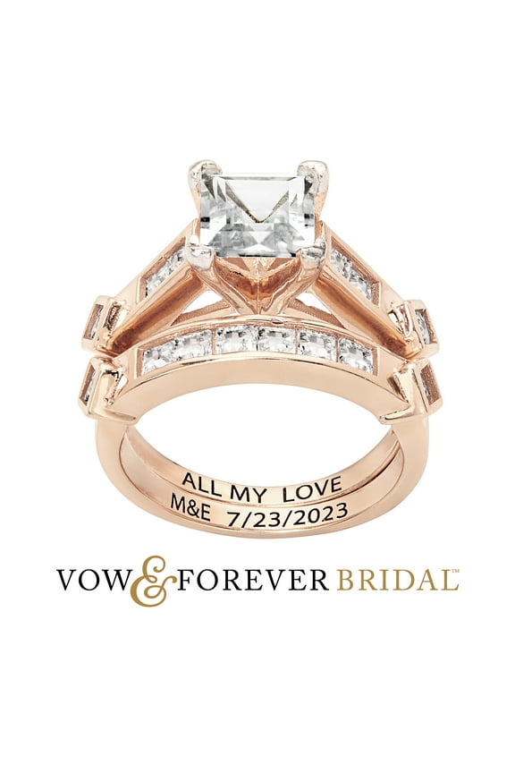 Vow & Forever Personalized Planet Bridal 14K Rose Gold over Sterling Silver Square White Topaz 2 Piece Engraved Wedding Set ,Women's