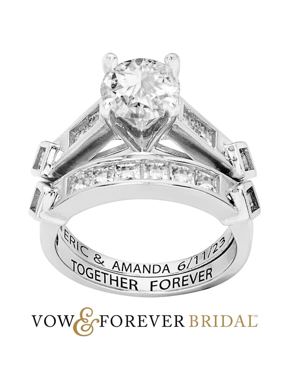 Vow & Forever Personalized Planet Bridal Platinum over Sterling Silver Brilliant White Topaz 2 Piece Engraved Wedding Set ,Women's