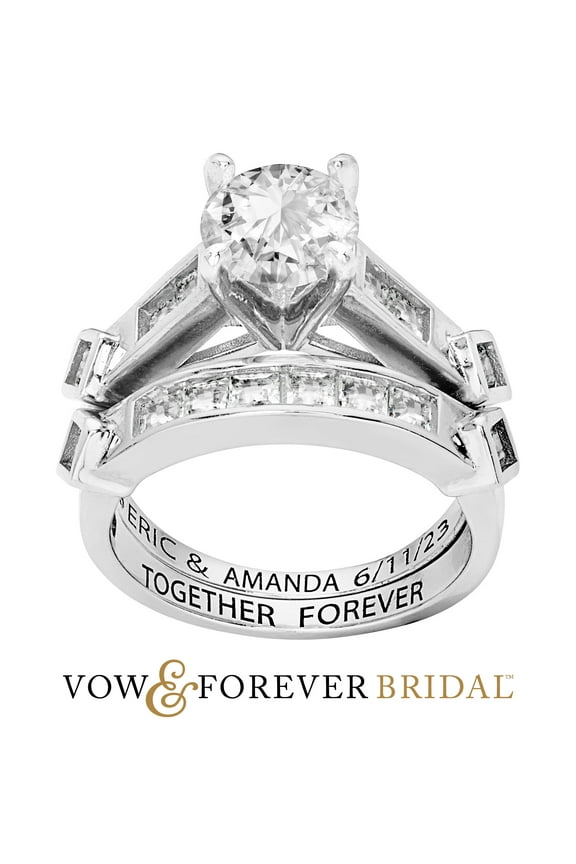 Vow & Forever Personalized Planet Bridal Platinum over Sterling Silver Brilliant White Topaz 2 Piece Engraved Wedding Set ,Women's