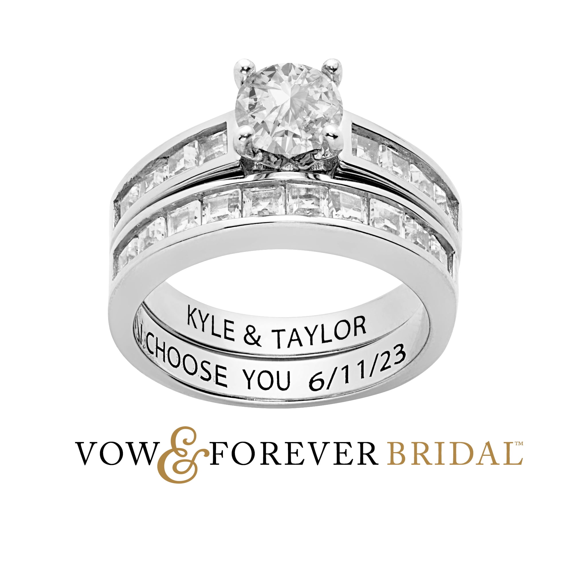 Vow & Forever Personalized Planet Bridal Platinum over Sterling Silver Brilliant White Topaz 2 Piece Engraved Wedding Set ,Women's