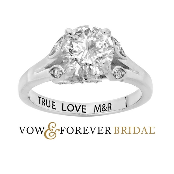 Vow & Forever Personalized Planet Bridal Platinum over Sterling Silver Brilliant White Topaz with Leaf Detail Engraved Wedding Ring ,Women's
