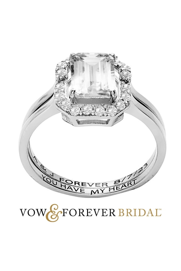 Vow & Forever Personalized Planet Bridal Platinum over Sterling Silver Emerald Cut White Topaz 2 Piece Engraved Wedding Set ,Women's