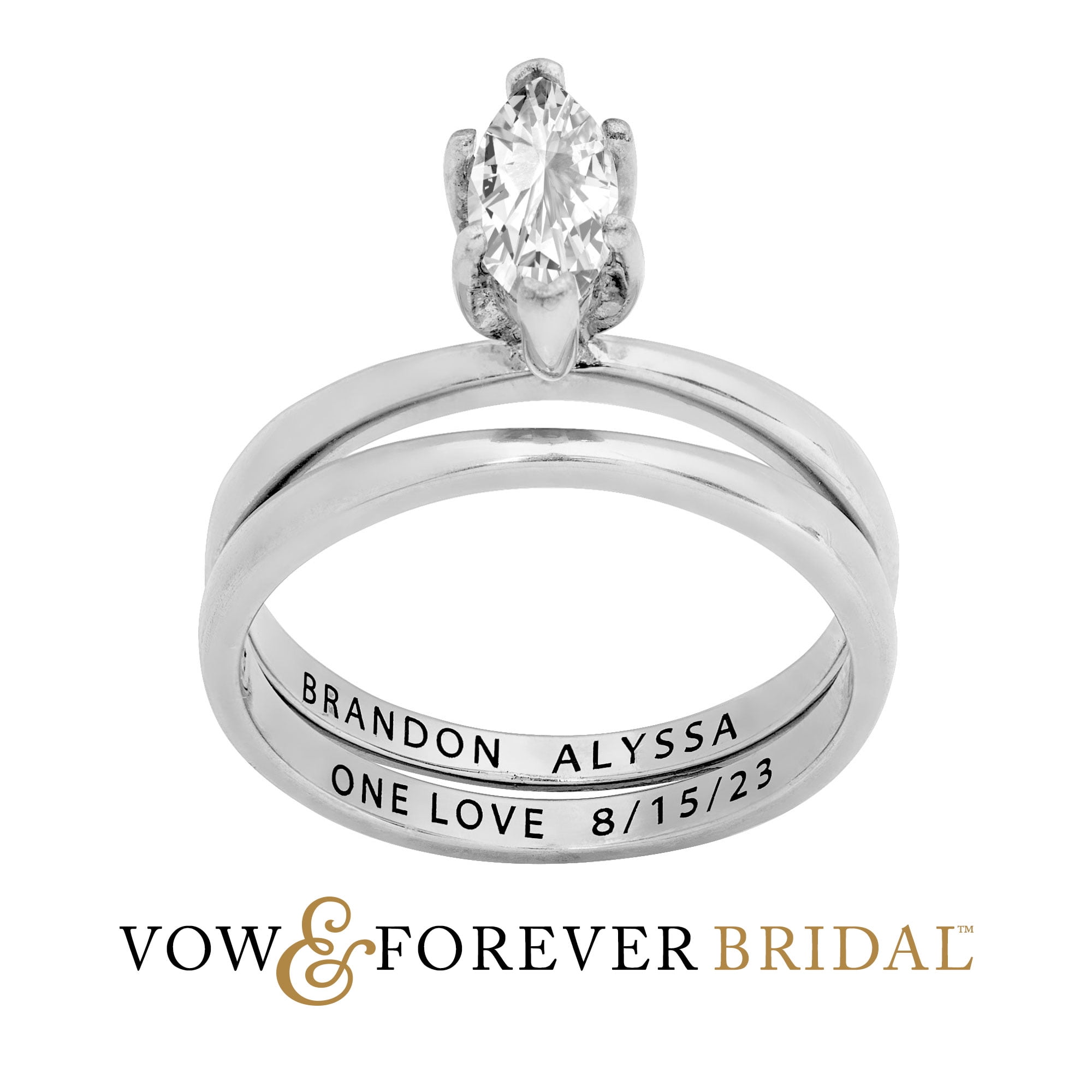 Vow & Forever Personalized Planet Bridal Platinum over Sterling Silver Marquise White Topaz 2-Piece Engraved Wedding Ring Set ,Women's