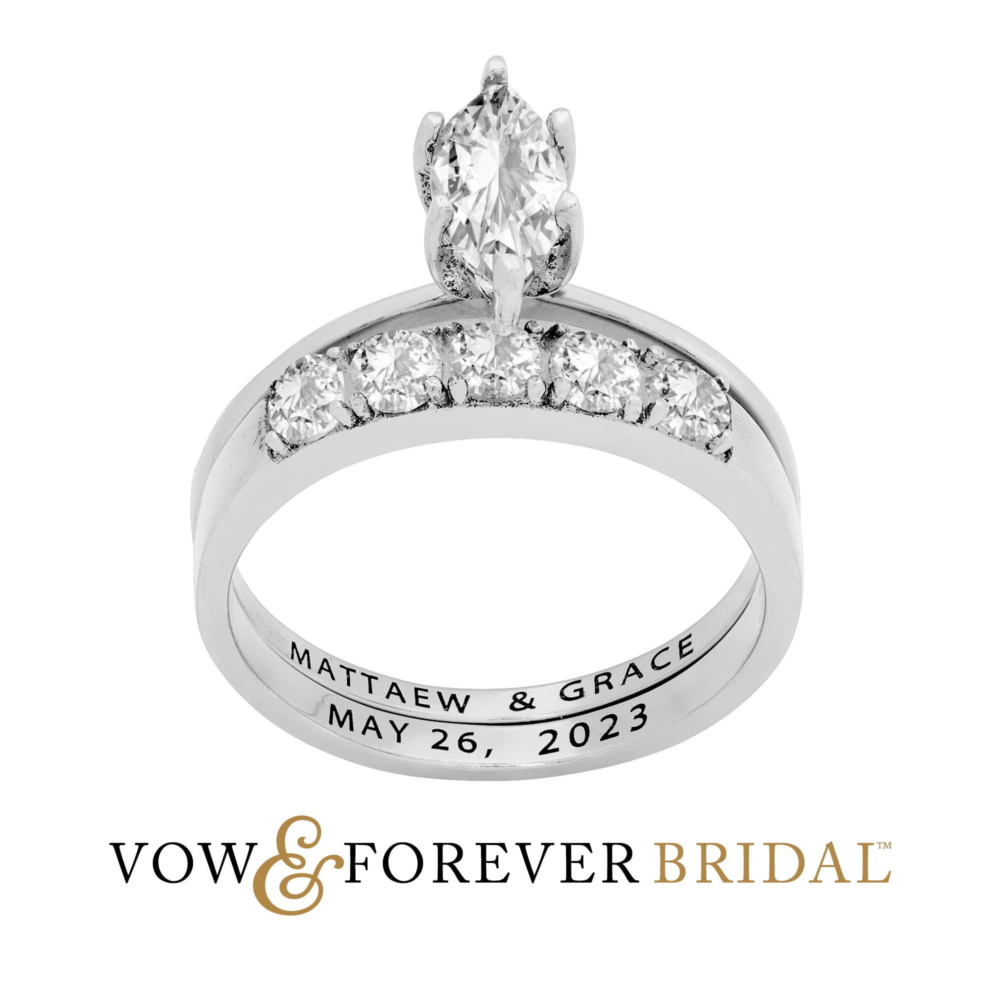 Vow & Forever Personalized Planet Bridal Platinum over Sterling Silver Marquise White Topaz 2-Piece Engraved Wedding Ring Set ,Women's