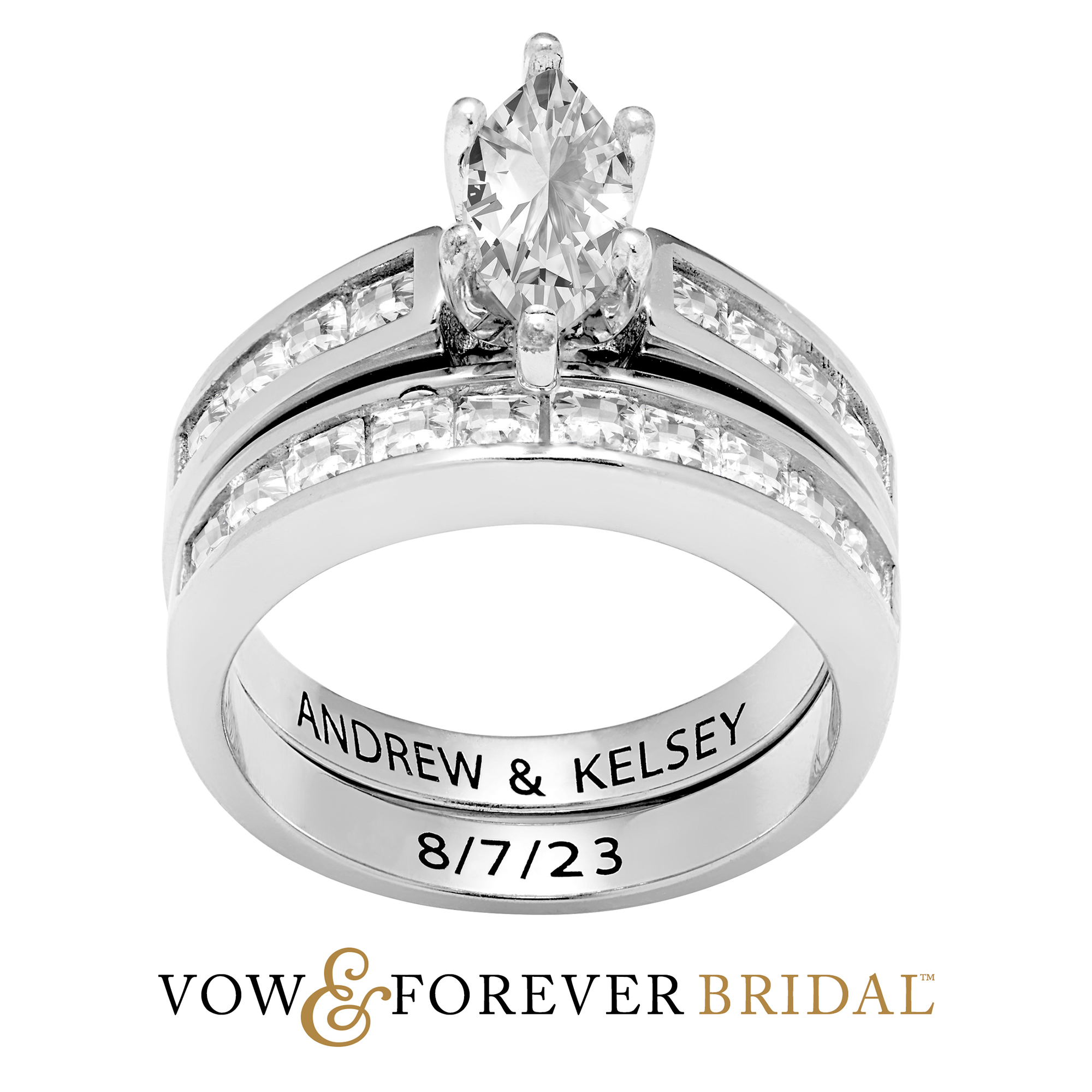 Vow & Forever Personalized Planet Bridal Platinum over Sterling Silver Marquise White Topaz 2 Piece Engraved Wedding Set ,Women's