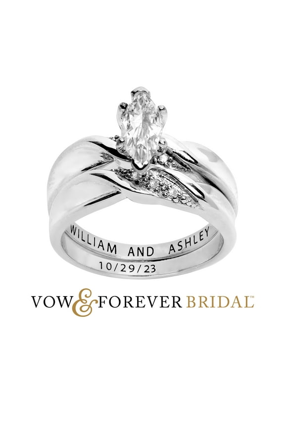 Vow & Forever Personalized Planet Bridal Platinum over Sterling Silver Marquise White Topaz Diamond Accent 2-Piece Engraved Wedding Ring Set ,Women's