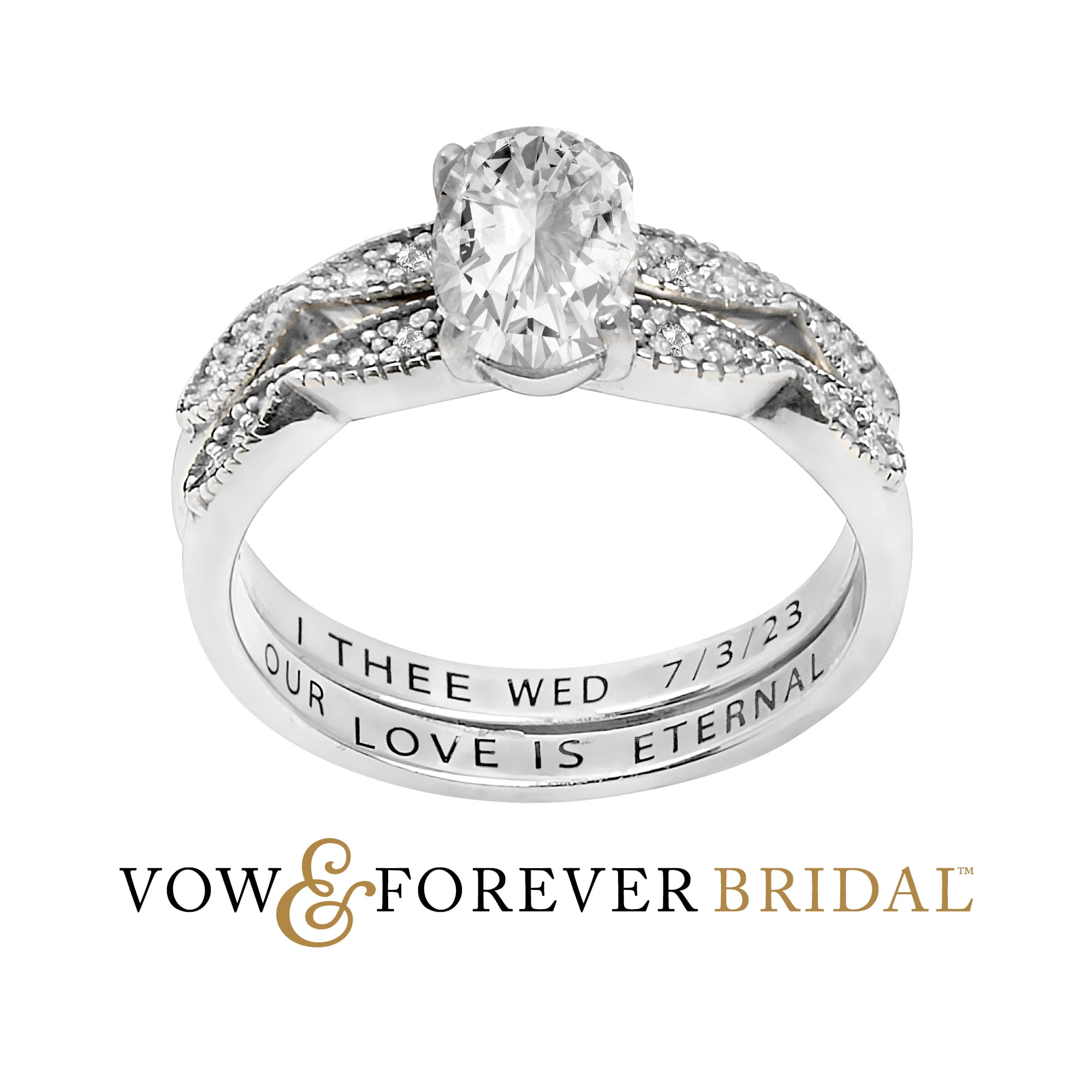 Vow & Forever Personalized Planet Bridal Platinum over Sterling Silver Oval White Topaz Diamond Accent 2-Piece Engraved Wedding Ring Set ,Women's