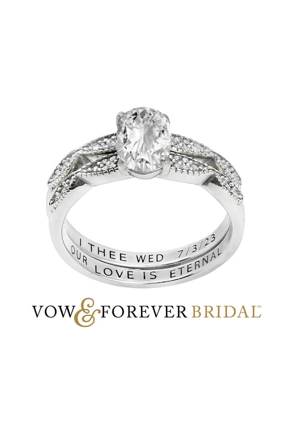Vow & Forever Personalized Planet Bridal Platinum over Sterling Silver Oval White Topaz Diamond Accent 2-Piece Engraved Wedding Ring Set ,Women's