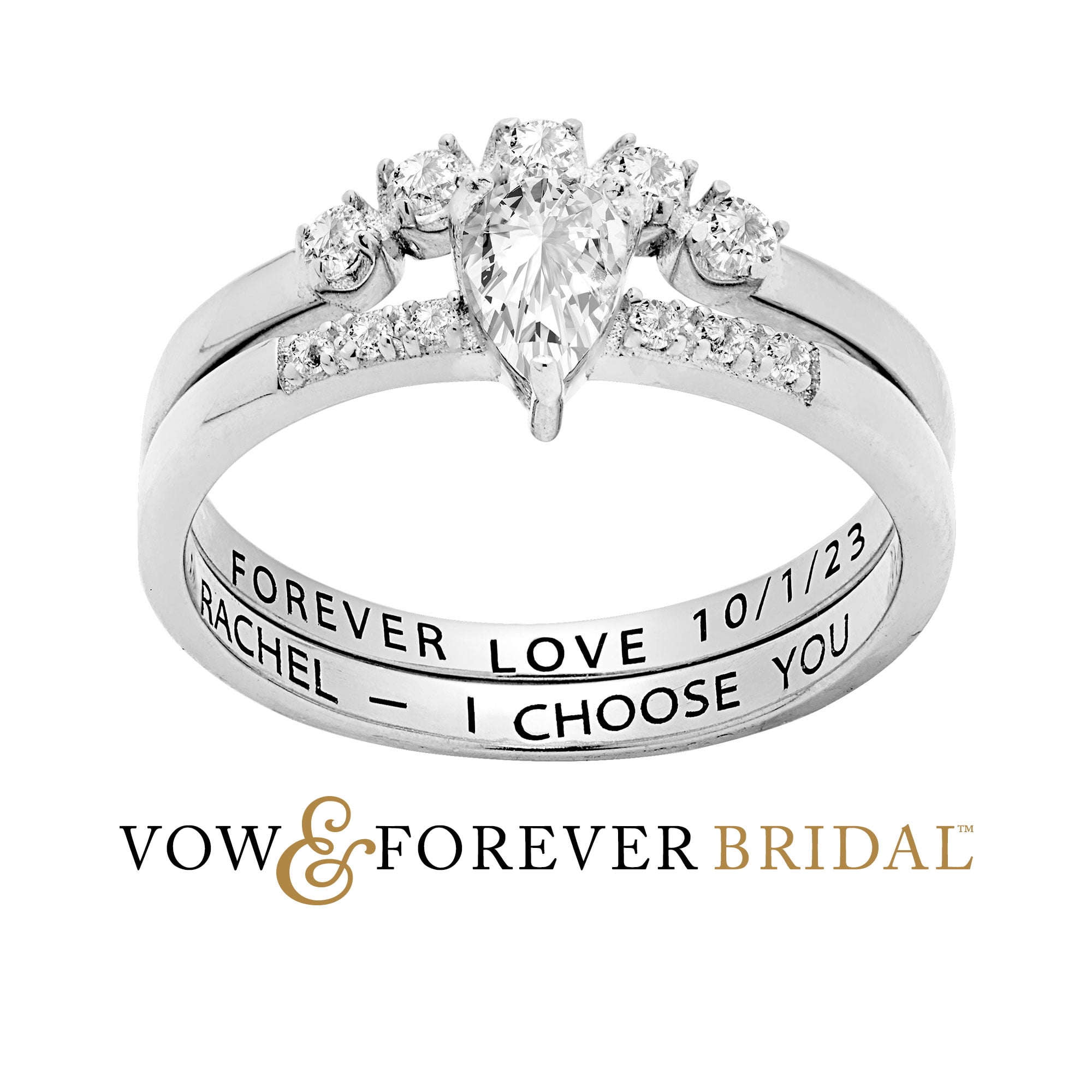 Vow & Forever Personalized Planet Bridal Platinum over Sterling Silver Pear White Topaz 2 Piece Engraved Wedding Set ,Women's