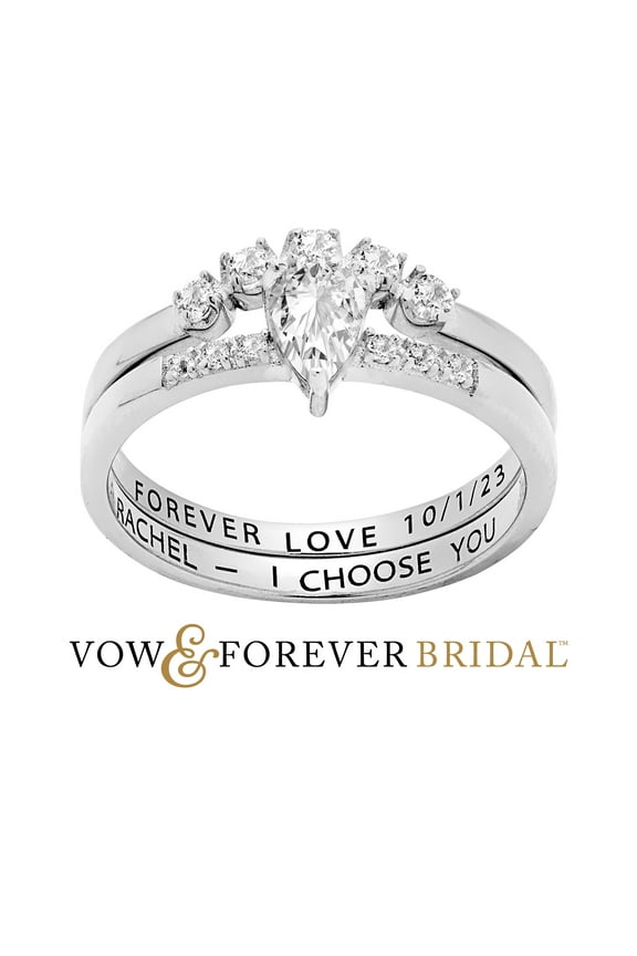 Vow & Forever Personalized Planet Bridal Platinum over Sterling Silver Pear White Topaz 2 Piece Engraved Wedding Set ,Women's
