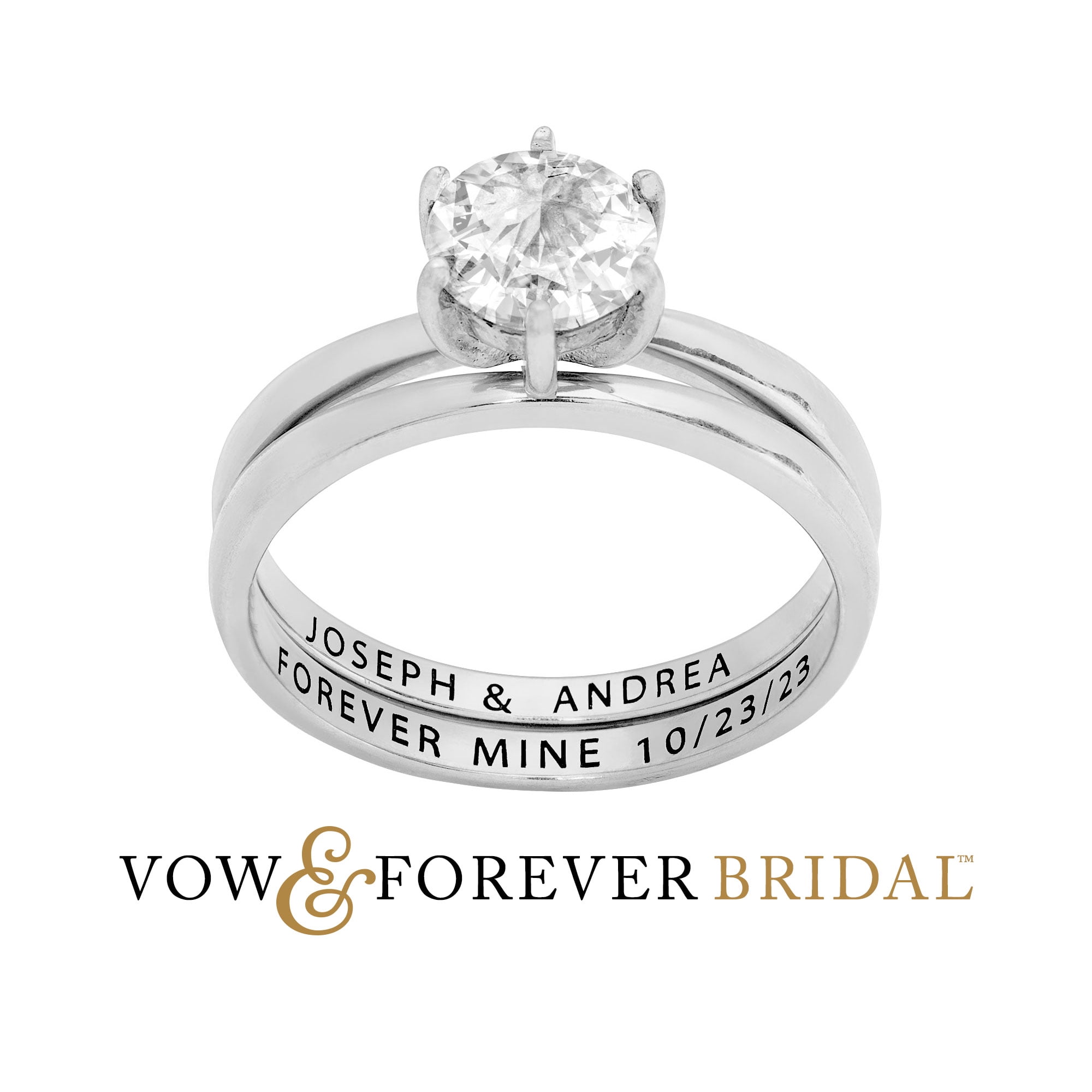 Vow & Forever Personalized Planet Bridal Platinum over Sterling Silver Round White Topaz 2-Piece Engraved Wedding Ring Set ,Women's