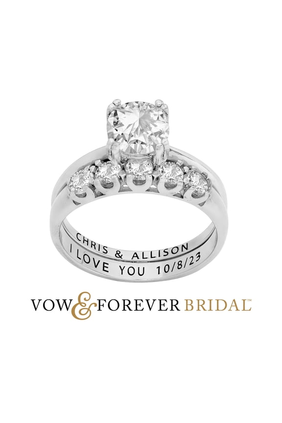 Vow & Forever Personalized Planet Bridal Platinum over Sterling Silver Round White Topaz 2-Piece Engraved Wedding Ring Set ,Women's