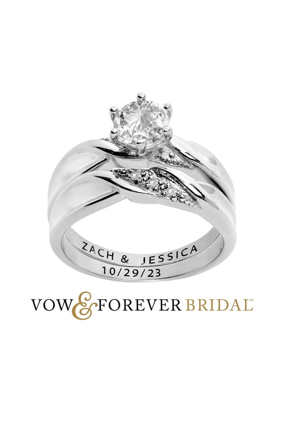Vow & Forever Personalized Planet Bridal Platinum over Sterling Silver Round White Topaz Diamond Accent 2-Piece Engraved Wedding Ring Set ,Women's