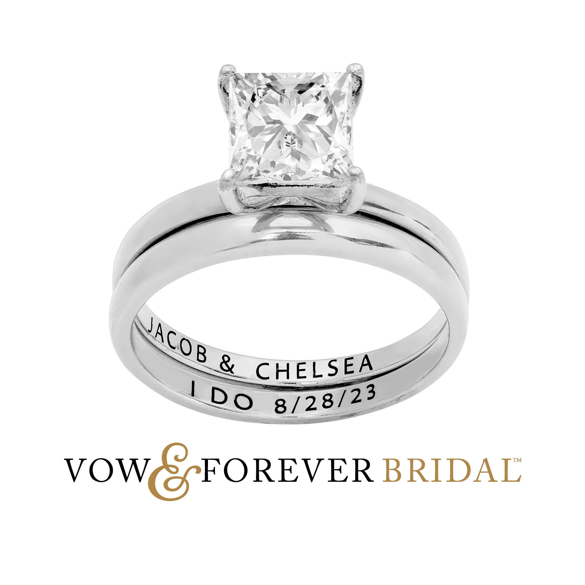 Vow & Forever Personalized Planet Bridal Platinum over Sterling Silver Square White Topaz 2-Piece Engraved Wedding Ring Set ,Women's