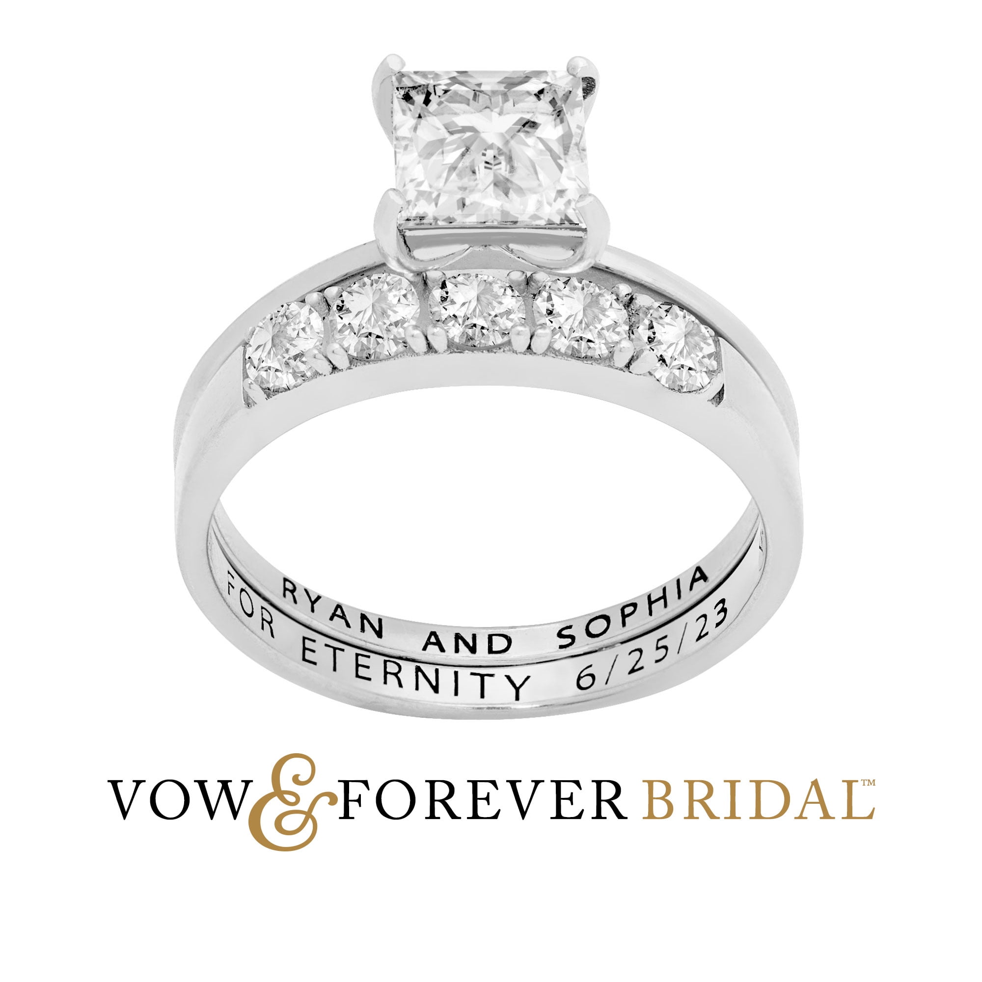 Vow & Forever Personalized Planet Bridal Platinum over Sterling Silver Square White Topaz 2-Piece Engraved Wedding Ring Set ,Women's