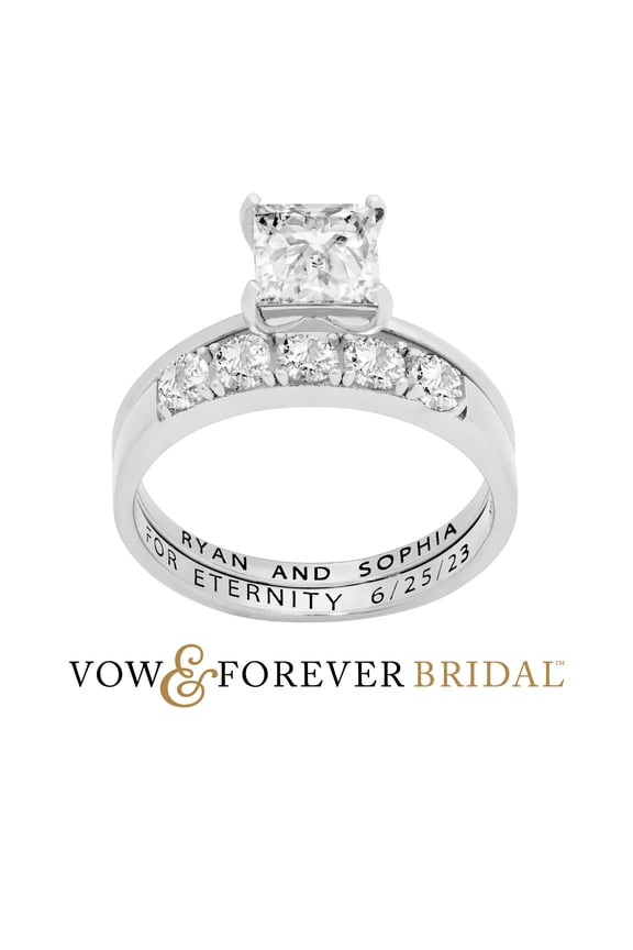 Vow & Forever Personalized Planet Bridal Platinum over Sterling Silver Square White Topaz 2-Piece Engraved Wedding Ring Set ,Women's
