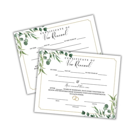Vow Renewal Certificate on Linen 6pk 8.5x11 Marriage License Gold Greenery Celebration Anniversary Document to Frame Classic Ceremony Keepsake Milestone