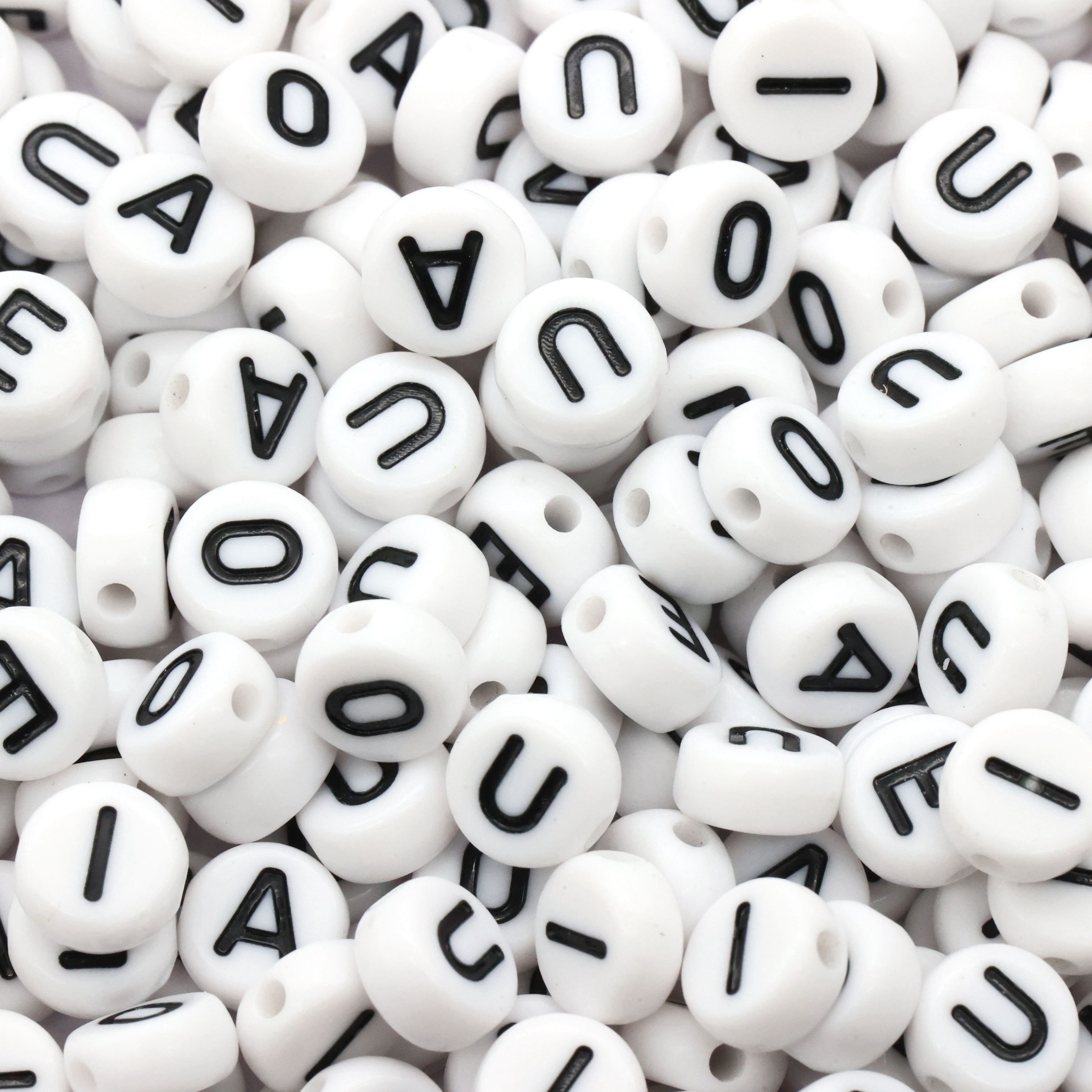 Vowel Alphabet Beads by Creatology – 7mm Round Acrylic Beads - White with Black Letters for Personalized Jewelry & Crafts - 12 Pack