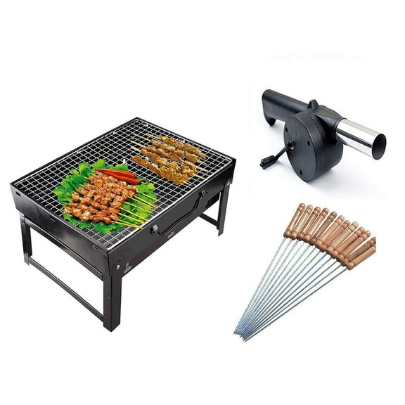 Vowel New Folding Portable Outdoor Barbeque Charcoal BBQ Grill Oven With 10PC Stainless Steel Stick, Wooden Stick,(BBQ,Wooden & Big 10-stick, bbq air blower)
