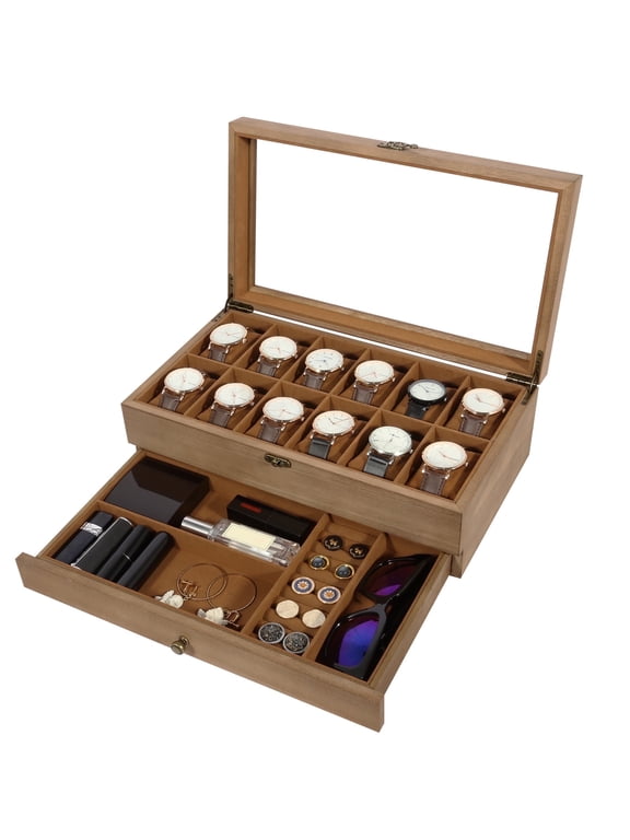 12-Slot Watch Box for Men with Drawer, Wooden Watch Case Organizer with Glass Top, Removable Pillows & Velvet Lining, Brown