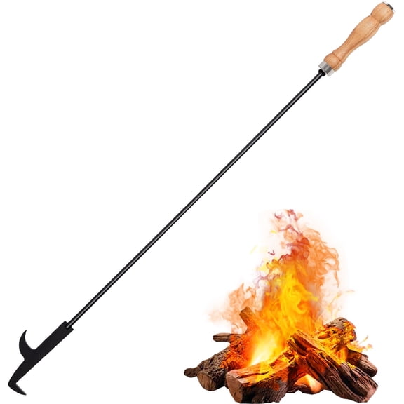 Vowella 32" Heavy-Duty Fire Poker for Fire Pit, Barbed Tip Log Grabber with Wood Handle, Fireplace Tools for Indoor & Outdoor