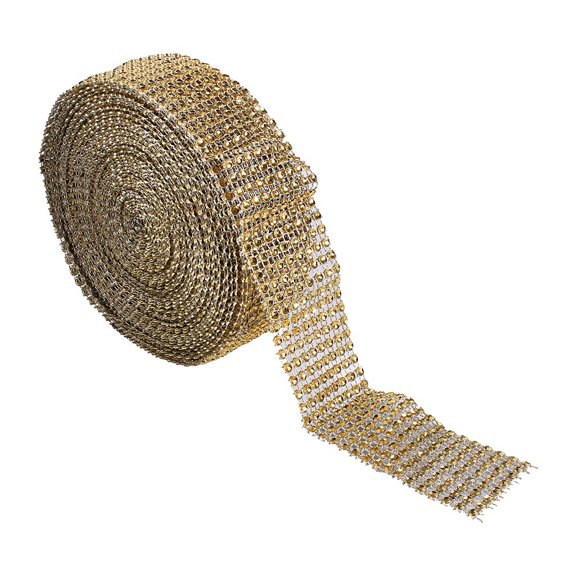 Vowen 10 Yards 8 Rows Simulated Diamond Mesh Ribbon, Golden Plated Plastic Wrap Roll for Party Event Decor Crafts and Gift Boxes, 1.45 Inches / 3.5 cm Wide