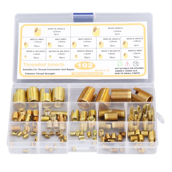Vowen 102Pcs Self Tapping Thread Inserts Assortment Set M2-M14 High Carbon Steel Slotted Fastener Internal External Thread Reinforce Repair Kit for Wood Aluminum Cast Iron