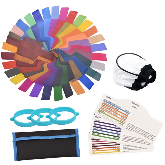 Vowen 30 Pieces Universal Flash Lighting Filter Gels Kit with Carrying Bag Light Diffuser and Gel Bands