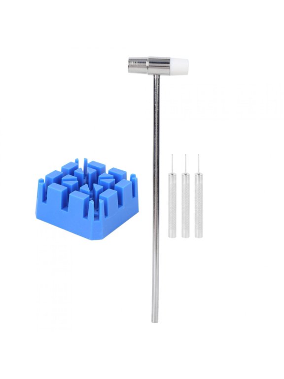 6Pcs Watch Repair Tools Set with Band Adjustment Holder Base, Dual Head Mallet, and Steel Punching Pin Removal Kit