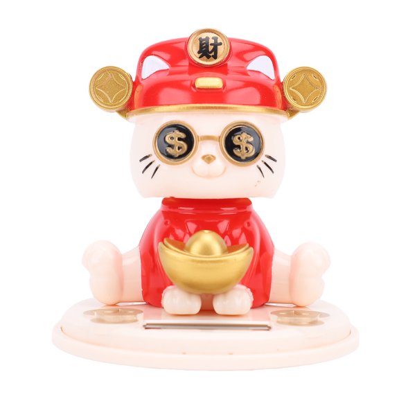 Vowen Lucky Fortune Cat Solar Powered Light Sensing Automatic Nodding Figurine Red Plastic Auspicious Chinese Wealth Statue Desk Decor