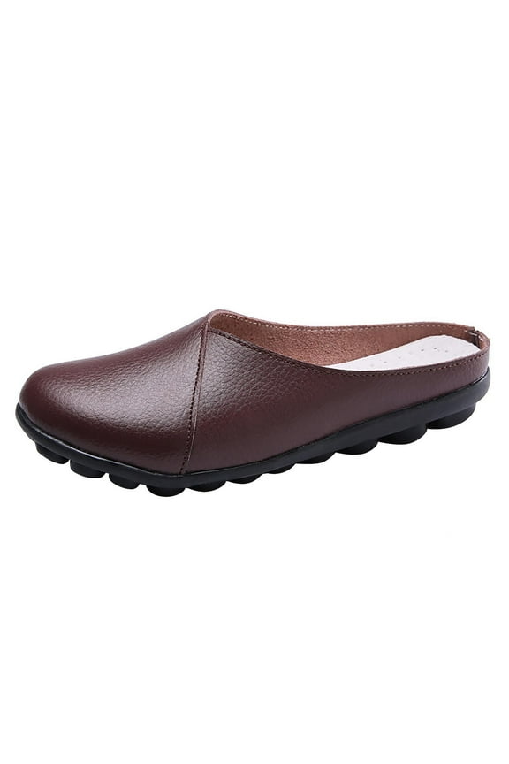 Women's Leather Mules Backless 𝖫oafers 𝖲lip-on Round Toe Flat Shoes Closed Toe Comfortable Summer Slipper Non-𝖲lip Flat Shoes