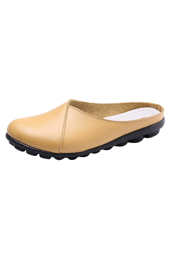Women's Leather Mules Backless 𝖫oafers 𝖲lip-on Round Toe Flat Shoes Closed Toe Comfortable Summer Slipper Non-𝖲lip Flat Shoes