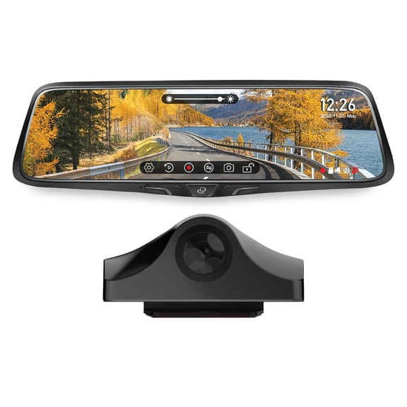 Voxx RVMDVR Rearview Mirror with a 2K DVR front camera featuring a 9.88 high-brightness display with EXTCAM1 Exterior Rear View Camera