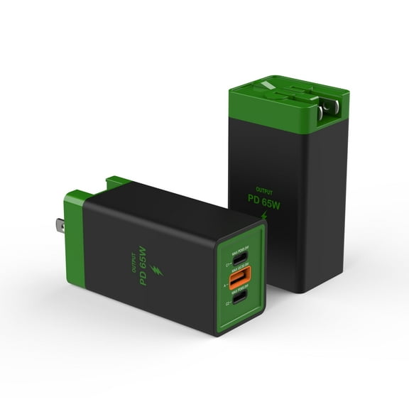 Voya 65W PD 3 in 1 Foldable Fast Charger, Charging Station with 2 USB C + 1 USB A Ports, Green