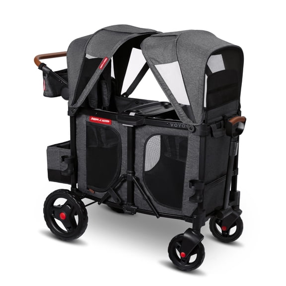 Radio Flyer Voya Stroller Wagon, for Ages 6+ Months, Extra Tall Sides, Push or Pull, 2 Seats, Dual Sun Canopies, Compact Fold, Lightweight, Storage Space, 5-Point Harnesses