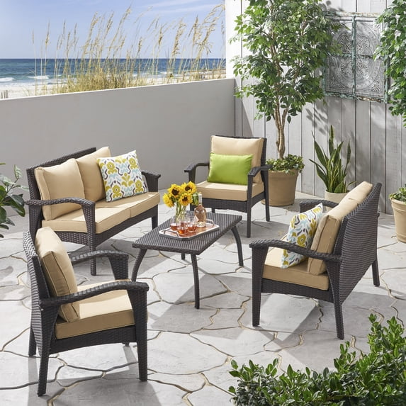 Voyage Outdoor 6 Seater Wicker Chat Set with Cushions, Brown and Tan