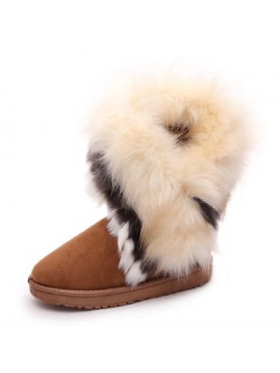 Women's Mid-Calf Fur Snow Boots, Winter Warm Plush Faux Fox Fur Lined Boots, Soft Cozy Slip-Resistant Cotton Shoes, Fashion Outdoor Cold Weather Booties for Women