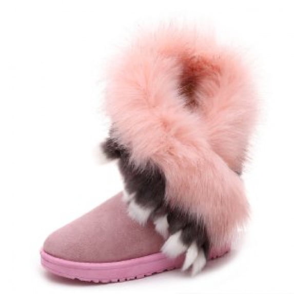 VoyageMartZenithTrend Women's Mid-Calf Fur Snow Boots, Winter Warm Plush Faux Fox Fur Lined Boots, Soft Cozy Slip-Resistant Cotton Shoes, Fashion Outdoor Cold Weather Booties for Women