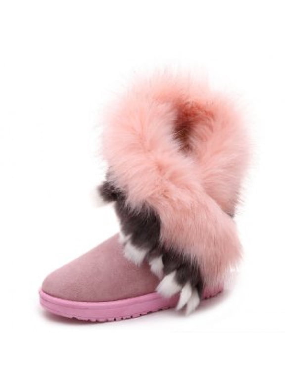 Women's Mid-Calf Fur Snow Boots, Winter Warm Plush Faux Fox Fur Lined Boots, Soft Cozy Slip-Resistant Cotton Shoes, Fashion Outdoor Cold Weather Booties for Women
