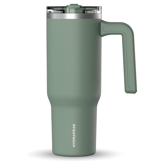 Voyager 32 oz with Handle and Straw Lid | Reusable Stainless Steel Water Bottle Travel Mug Cupholder Friendly | Insulated Cup (Sage Leaf)