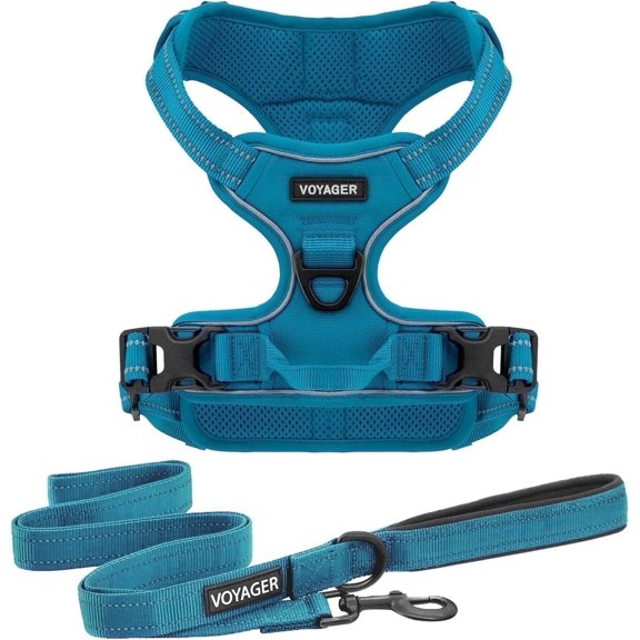 Voyager Dog Harness Dual Leash Attachment No-Pull Control Adjustable Soft, Strong Pet Harness for Medium & Large Dogs w/ 3M Reflective Technology w/ Leash Included - Turquoise, XL (Chest 22-27")