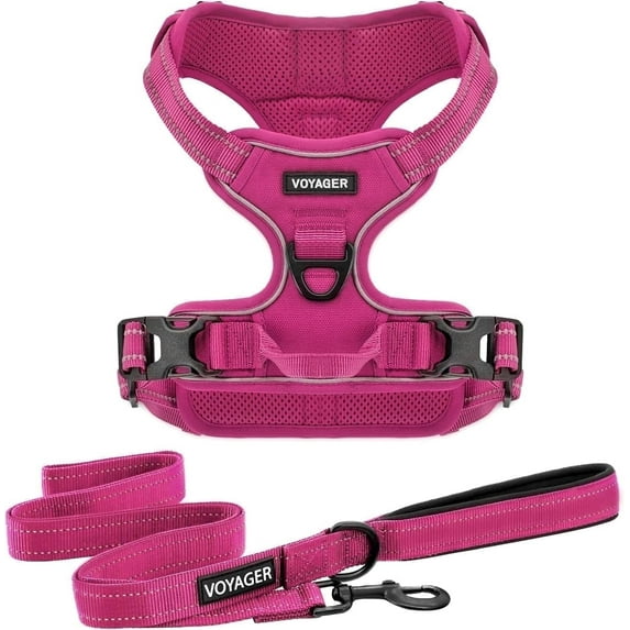 Voyager Dog Harness Dual Leash Attachment No-Pull Control Adjustable Soft by Strong Pet Harness for Medium and Large Dogs with 3M Reflective Technology with Leash Included - Fuchsia, M (Chest 22-27")